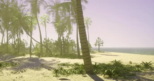 Tropical Beach Landscape with Palm Trees and Gentle Ocean Waves in Sunlight