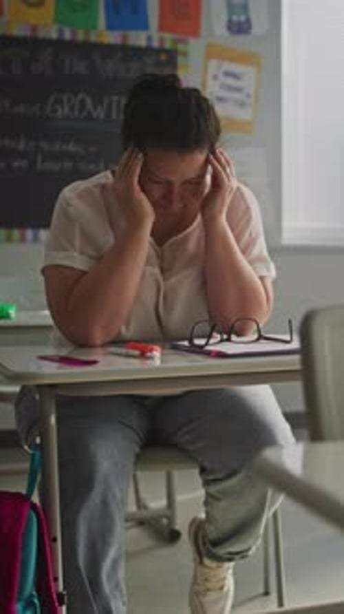 Exhausted Female Teacher Rubbing Her Temples Sitting Alone at Desk in Empty Classroom