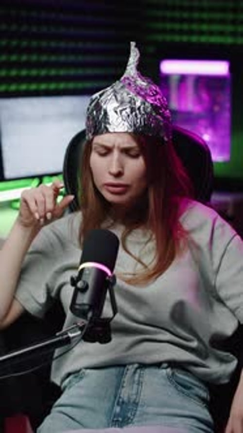 Woman in Foil Hat Tapping Microphone to Make It Work
