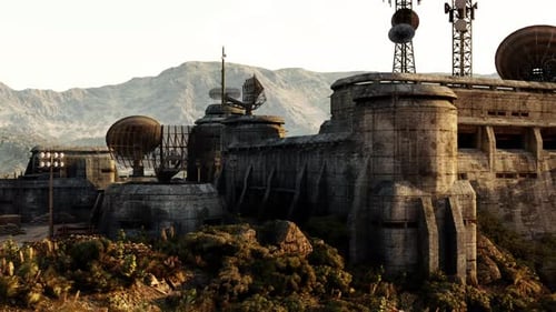 Ein futuristisches Stadtbild mit einem Kriegsbunker einer Militärbasis