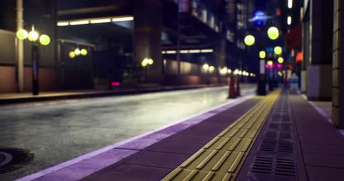 Vibrant City Street at Night with Glowing Lights and Empty Pathway