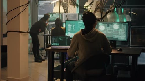 Hackers Working at Computers in Data Center