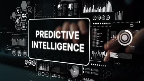 Modernes Datenanalysekonzept mit Handeingabe auf der Tastatur und grafischen Elementen für Predictive Int