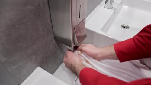 Person Cleaning Stained Cloth at Sink