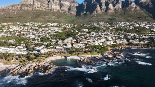 Aerial view of Camps Bay beach, Cape Town, South Africa.