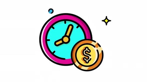 Animated Made in uk a pink clock and a gold dollar coin.