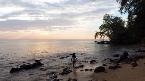 Une jeune femme asiatique se promène le long de la mer devant un magnifique coucher de soleil autour de palmiers et de rochers