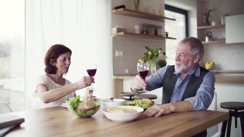 Senior Couple Toasting Wine Over Lunch at Home