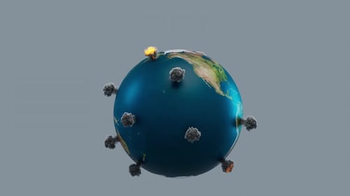 Rotating Earth with Global Explosions and Smoke Plumes Animation