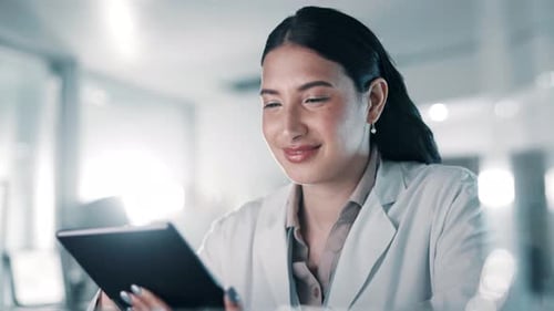 Tablet, woman or scientist in laboratory to research a chemistry report