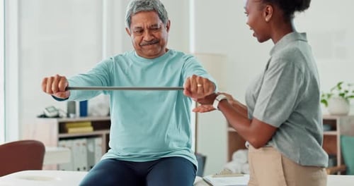 Resistance band, physiotherapy and senior man in clinic for consultation with muscle recovery