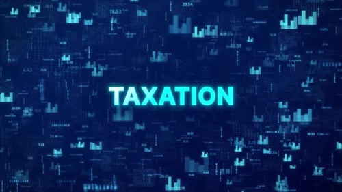 TAXATION Concept over animated stock market background with chart, numbers and matrix codes