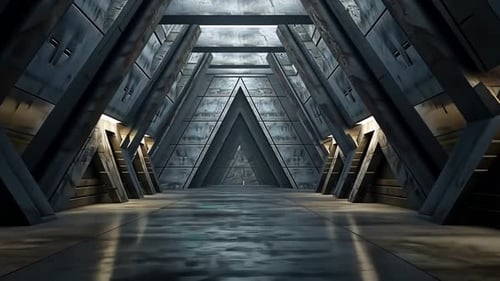 Futuristic, angular corridor with metal walls and triangular patterns. Interior, spacious, and dark