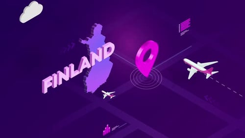 Animated Isometric Finland Map with Airplanes and Location Pin