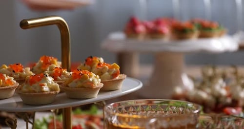 Buffetmenü. Frau nimmt leckere Vorspeisen
, Nahaufnahme