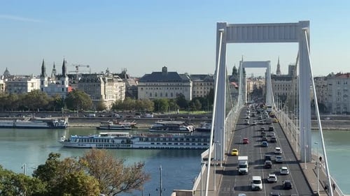 Areal view of the traffic on Elisabeth Bridge over the river Danube. Erzsébet híd, Budapest, Hungary