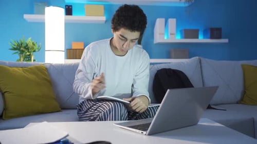 Teenager Uses Laptop for Homework on Couch