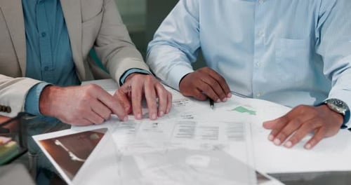Hands, people and explain document in meeting for discussion, planning and property blueprint