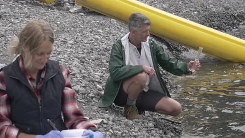 Ecologists examine water samples together at the lakeside of a beautiful lake