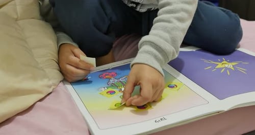 Child Enjoys Sticker Activity Book at Home