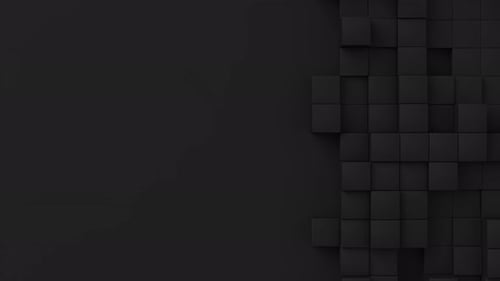 Schwarze Würfel mit zufälliger Größe, Move and Grow Loop, Platz für Text auf der linken Seite, abstrakter 3D-Renderer