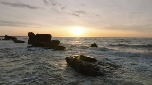 Beautiful aerial establishing view of Karosta (Liepaja) concrete coast fortification ruins, vibrant