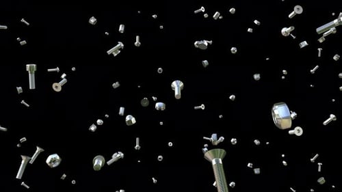 Seamless Loop Animation Of Falling Metal Screws And Bolts On Transparent Background