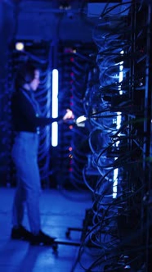 Person Inspecting Servers in Dark Data Center