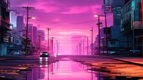 Futuristic city street at sunset, vibrant colors reflected in puddles