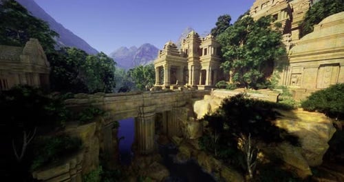 Ruines anciennes le long d'une rivière entourée de montagnes luxuriantes au coucher du soleil