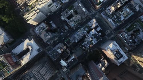 Overhead Aerial Shot of New York City's Bustling Manhattan Highlighting Iconic Street Blocks During