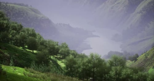 Paysage pittoresque avec une végétation luxuriante et une rivière sinueuse dans une région montagneuse
