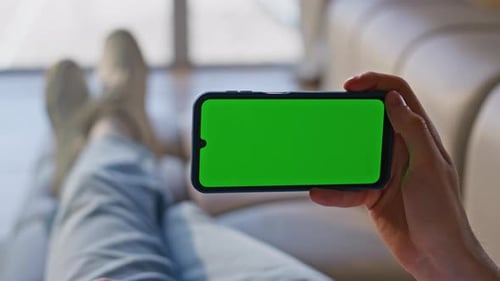Closeup Hand Tapping Chromakey Smartphone Home Guy Using Green Screen Cellphone