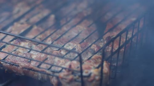 Meat on a Hot Grill Outdoors. Real time, pan left.