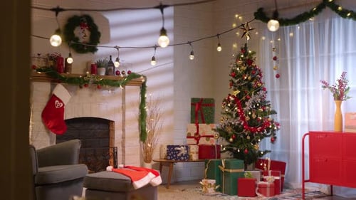 Christmas Tree and Fireplace With Decorations in Home