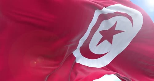 Tunisian Flag Waving in Realistic Fabric with Blue Sky