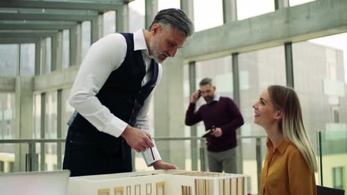 Architects discuss house model in bright modern office space