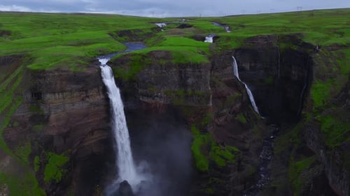 Aerial View of Haifoss and Granni Waterfalls in Thjorsardalur Iceland