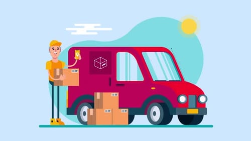 Flat Design Delivery Van with Courier Animation