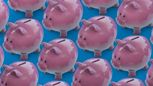 Saving Money. Money Box. Money Box Full of Coins. Piggy Banks Conveyor