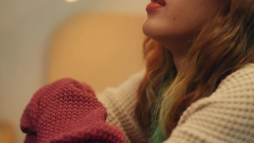 4K Close up of Young Asian woman sitting in bedroom and crying.