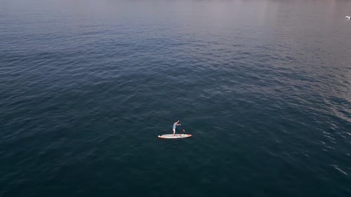 Aerial View of a Man Paddling a Standup Paddleboard or SUP Board on a Calm Sea