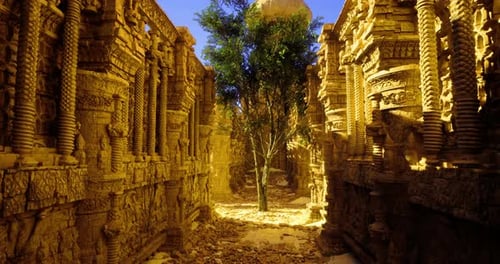 Ruines d'un ancien temple illuminées par la lumière du soleil avec un arbre solitaire