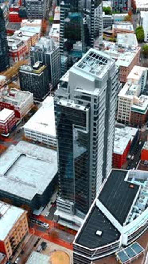 American downtown city streets. Panorama of Portland city aerial view. Vertical video