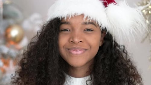 Young Woman Smiling Wearing Santa Hat at Christmas