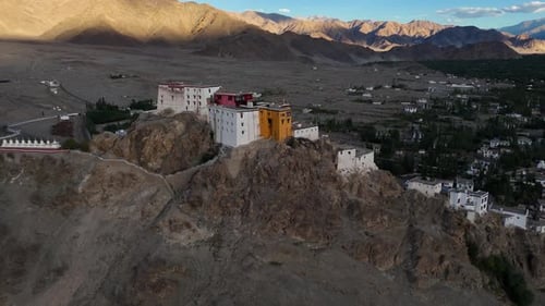 aerial drone shot, close up of thikshey monastery in ladakh.