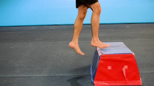 a still shot of a guy in a gymnastics gym doing
from a