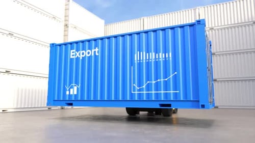 Blue Shipping Container Labeled 'Export' in Warehouse