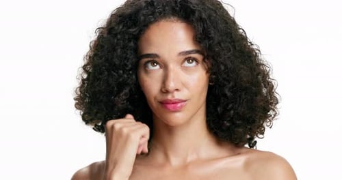 Face, skincare and woman with beauty, dermatology and aesthetic with manicure in studio