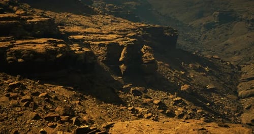 Slow Pan of a Barren Rocky Alien Planet Canyon